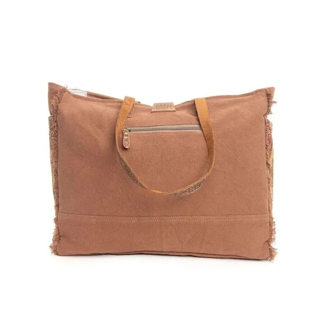 Myra Bag Handmade Mahsen Weekender Bag Upcycled Canvas & Cowhide Leather